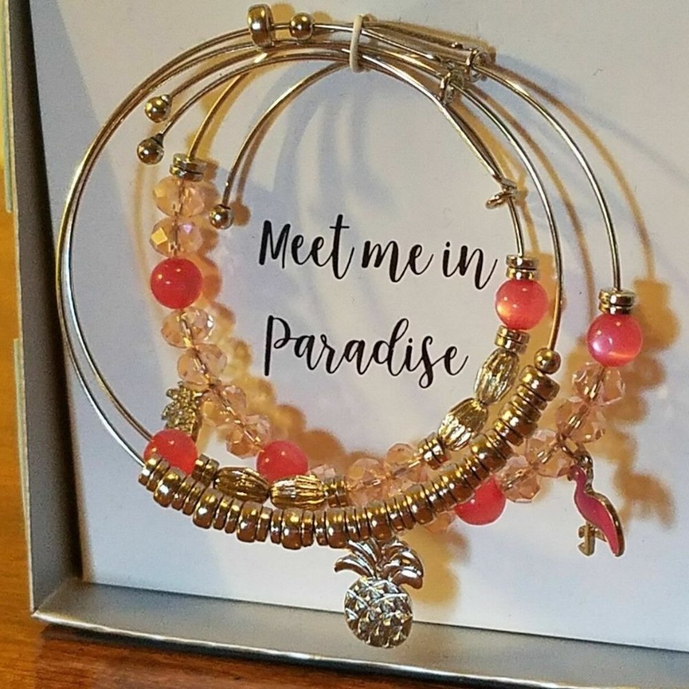 Gold "Meet me in Paradise" Beaded Stretchy Bangle Bracelet Set - Pink Flamingo